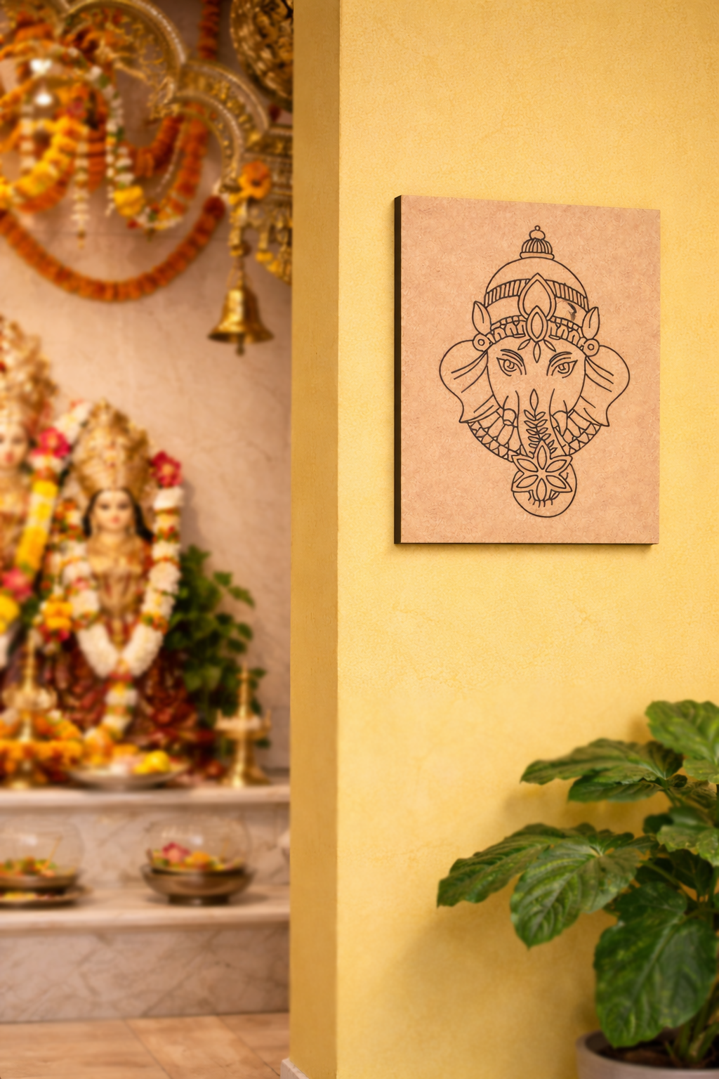Decorative  MDF DIY  wall art of a deity on a yellow wall with a blurred religious altar in the background.