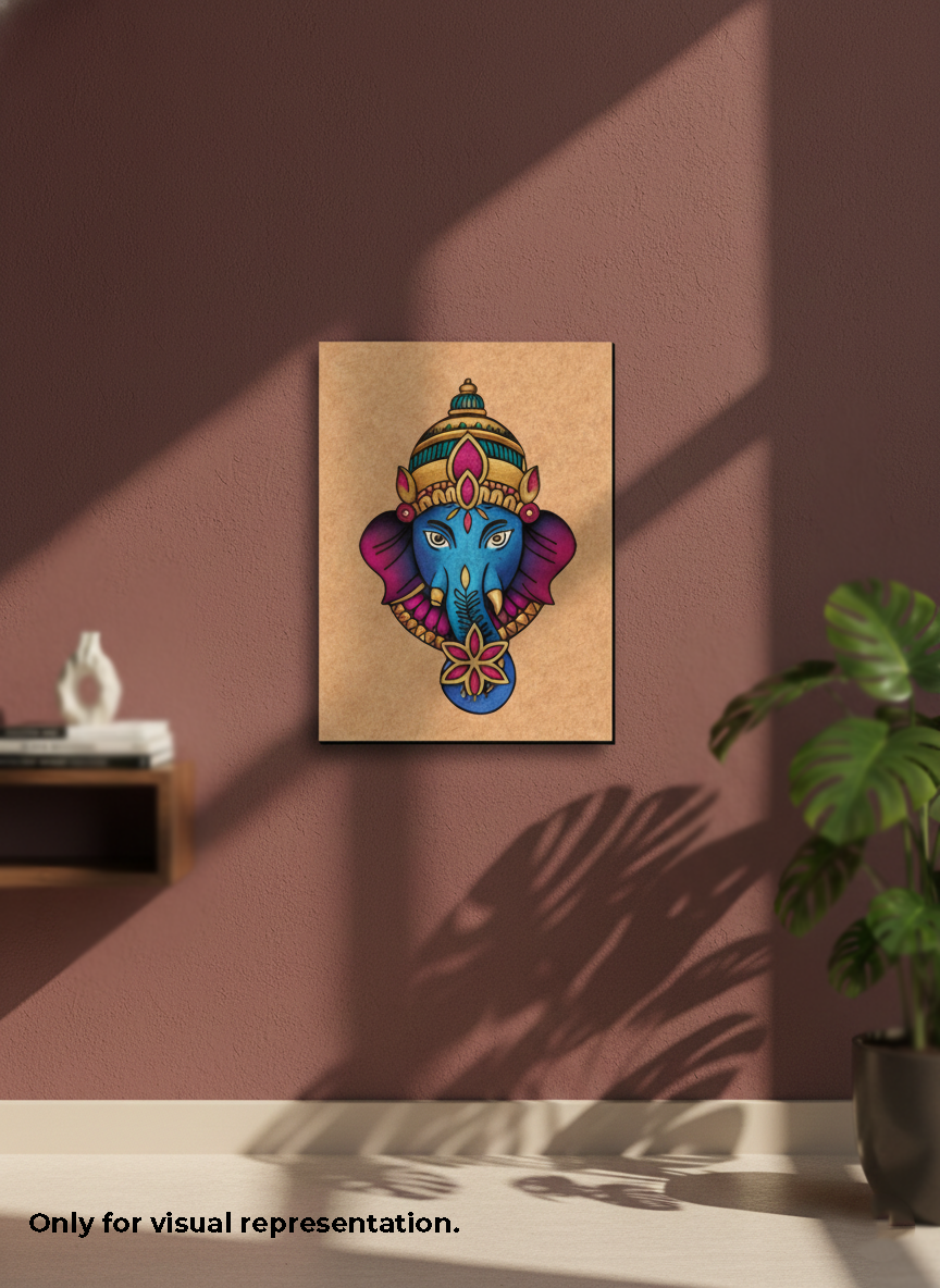 Colorful MDF DIY elephant head artwork on a brown background in a room with a plant and shelf.