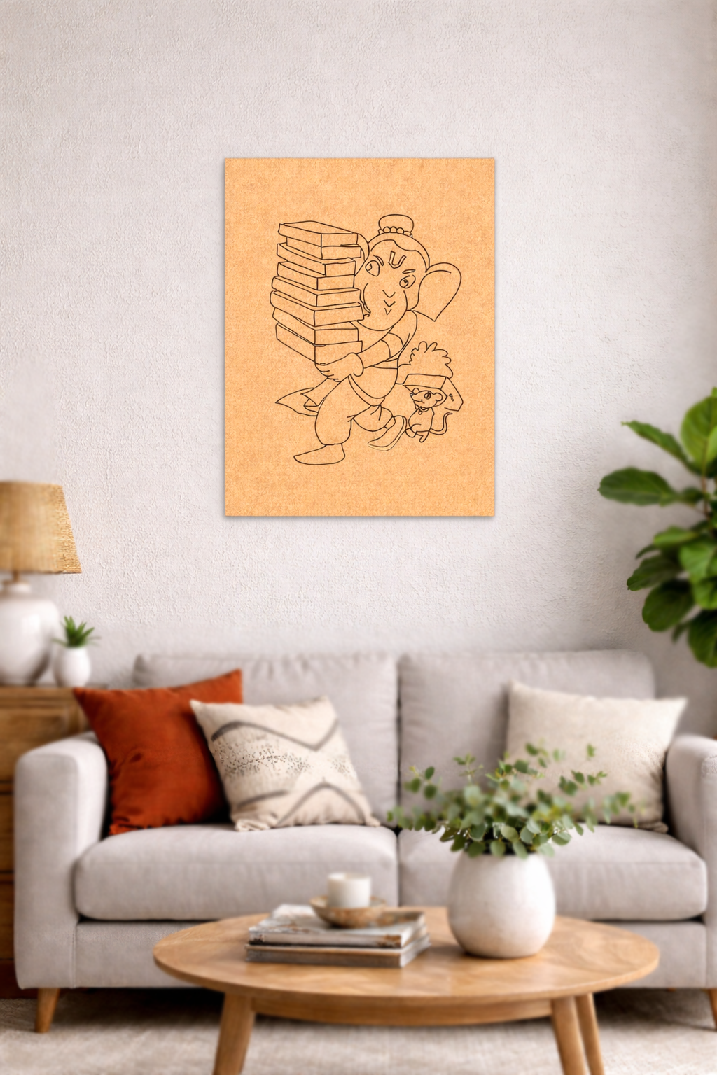 Living room with a gray sofa, wooden coffee table, and MDF DIY wall art of a cartoon character.