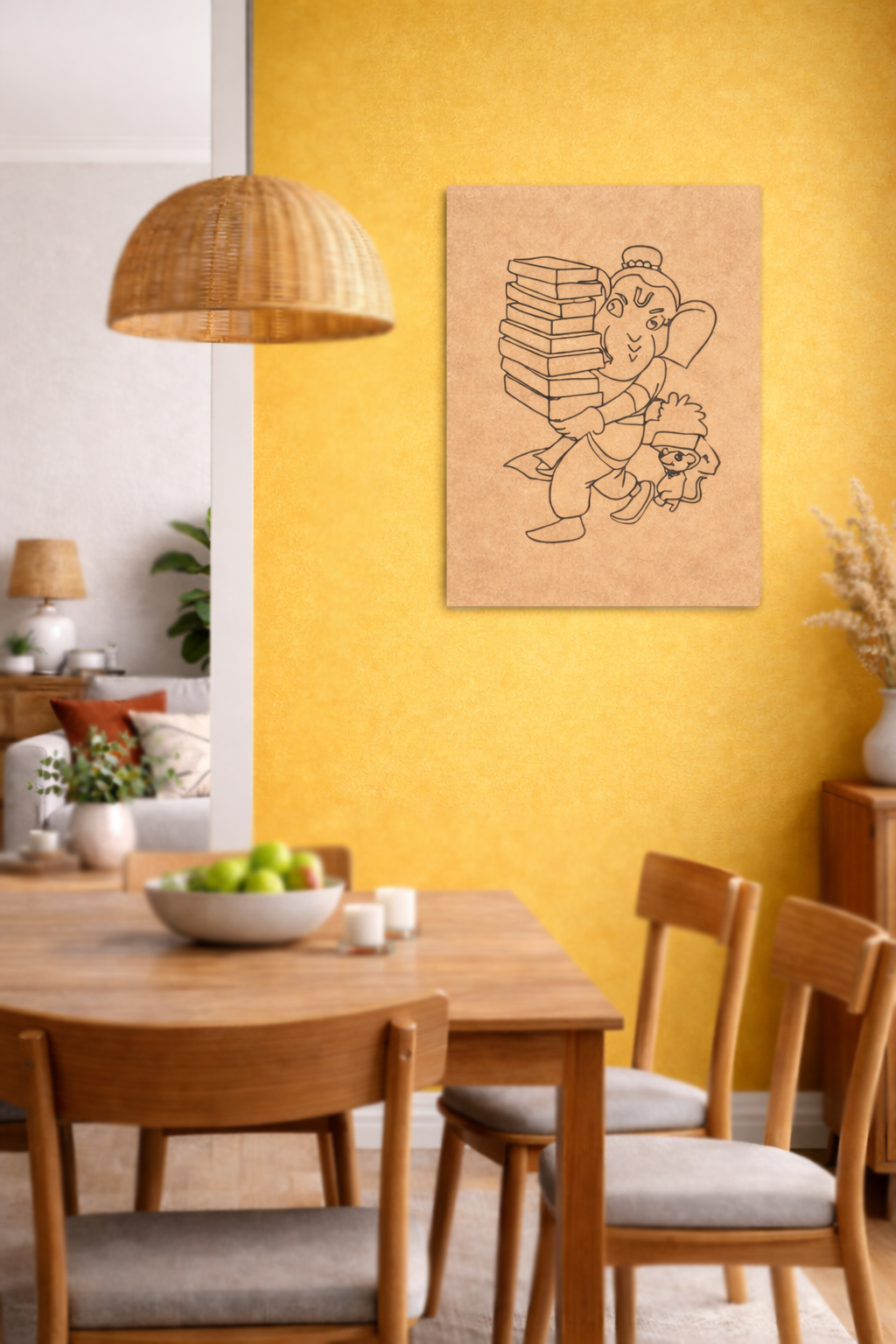 MDF DIY ganesh wall art on yellow wall.