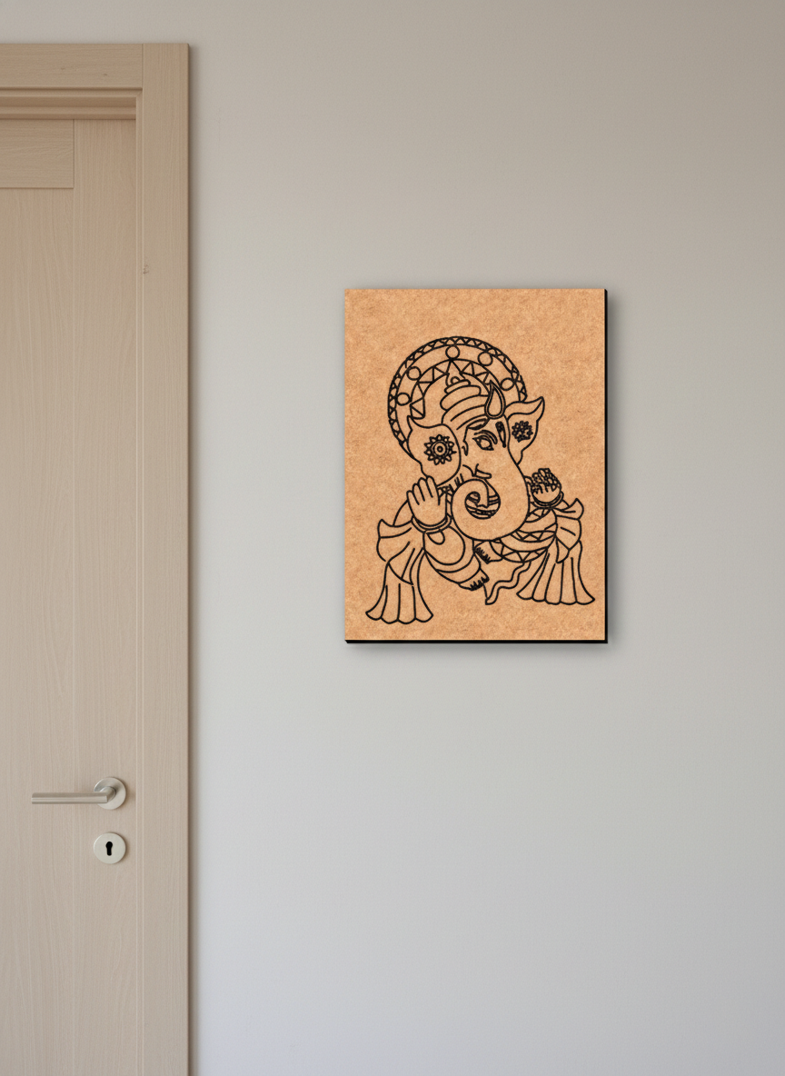 MDF DIY wall art with a design of a face and hands on a beige wall next to a door.