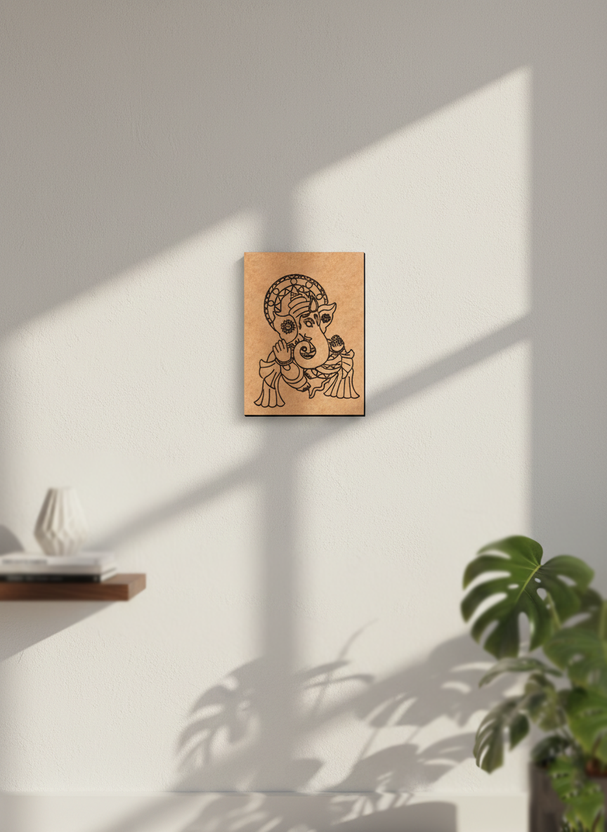 MDF DIY wall art with a design of a figure and child on a white wall with natural light casting shadows.