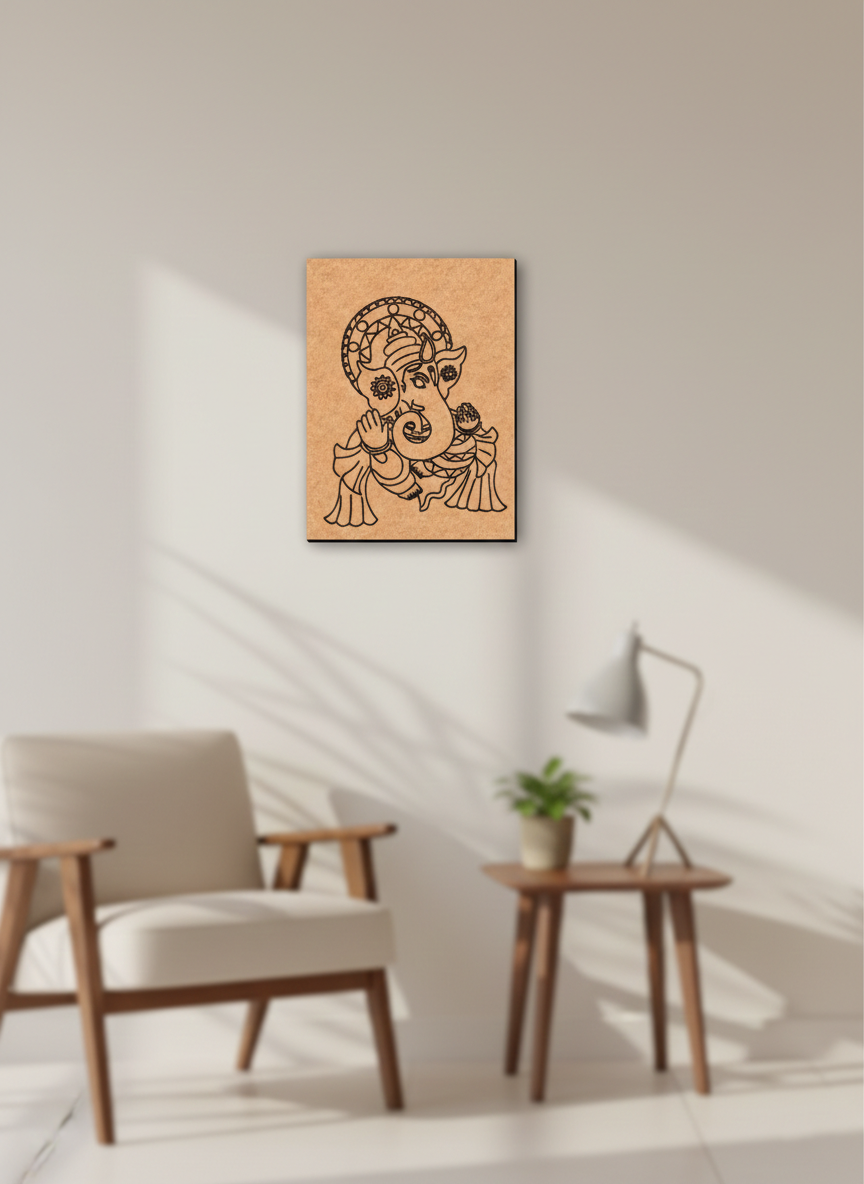 MDF DIY wall art with a face design in a minimalistic room.