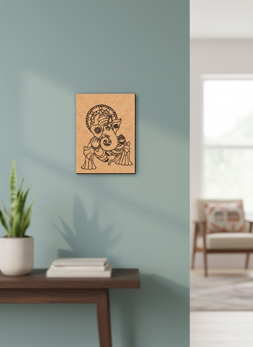 MDF DIY wall art with a design of a deity on a light blue wall.