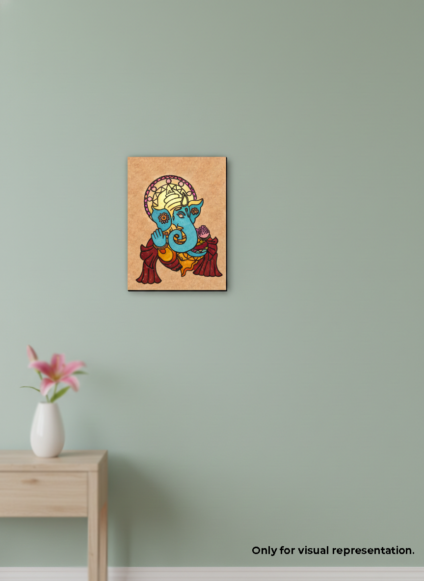 Colorful MDF DIY wall art of a deity on a light green wall with a small table and vase.