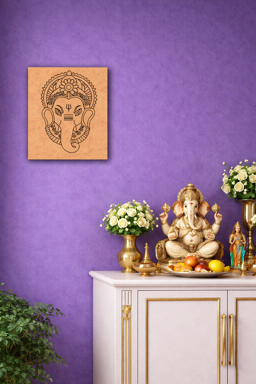 Decorative MDF DIY wall art  of a deity's face, flowers, and fruits on a purple wall.