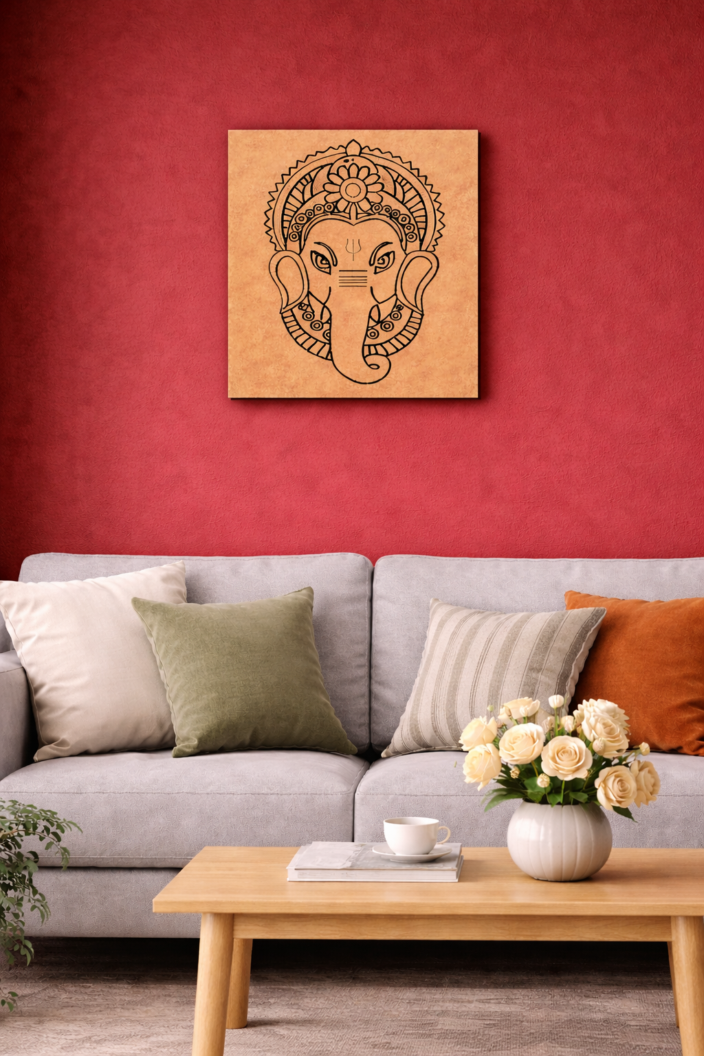 Living room with a gray sofa, wooden coffee table, and MDF DIY wall art of a face design.