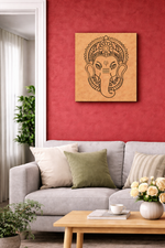 Living room with a red wall, gray sofa, and decorative  MDF DIY wall art.