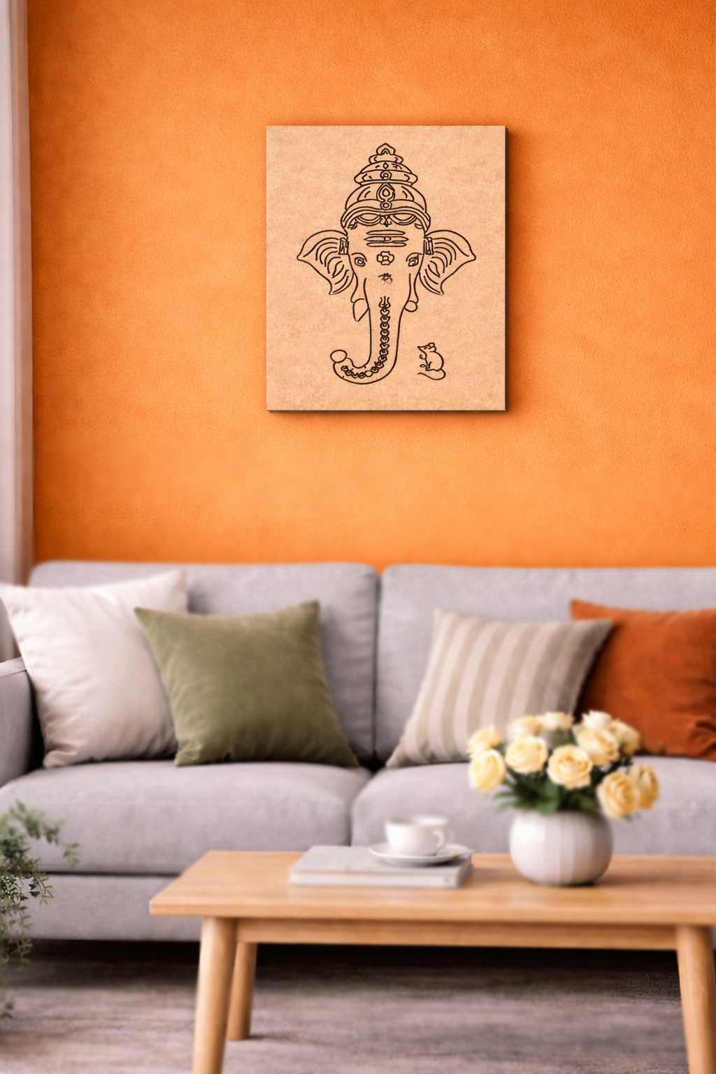 Living room with orange wall, gray sofa, wooden coffee table, and decorative items.