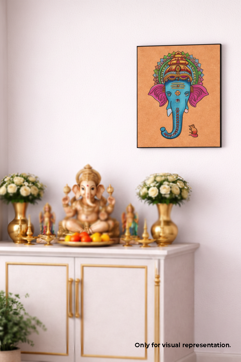Decorative setup with a statue, flowers, and a framed artwork of an elephant-headed deity on a white wall.