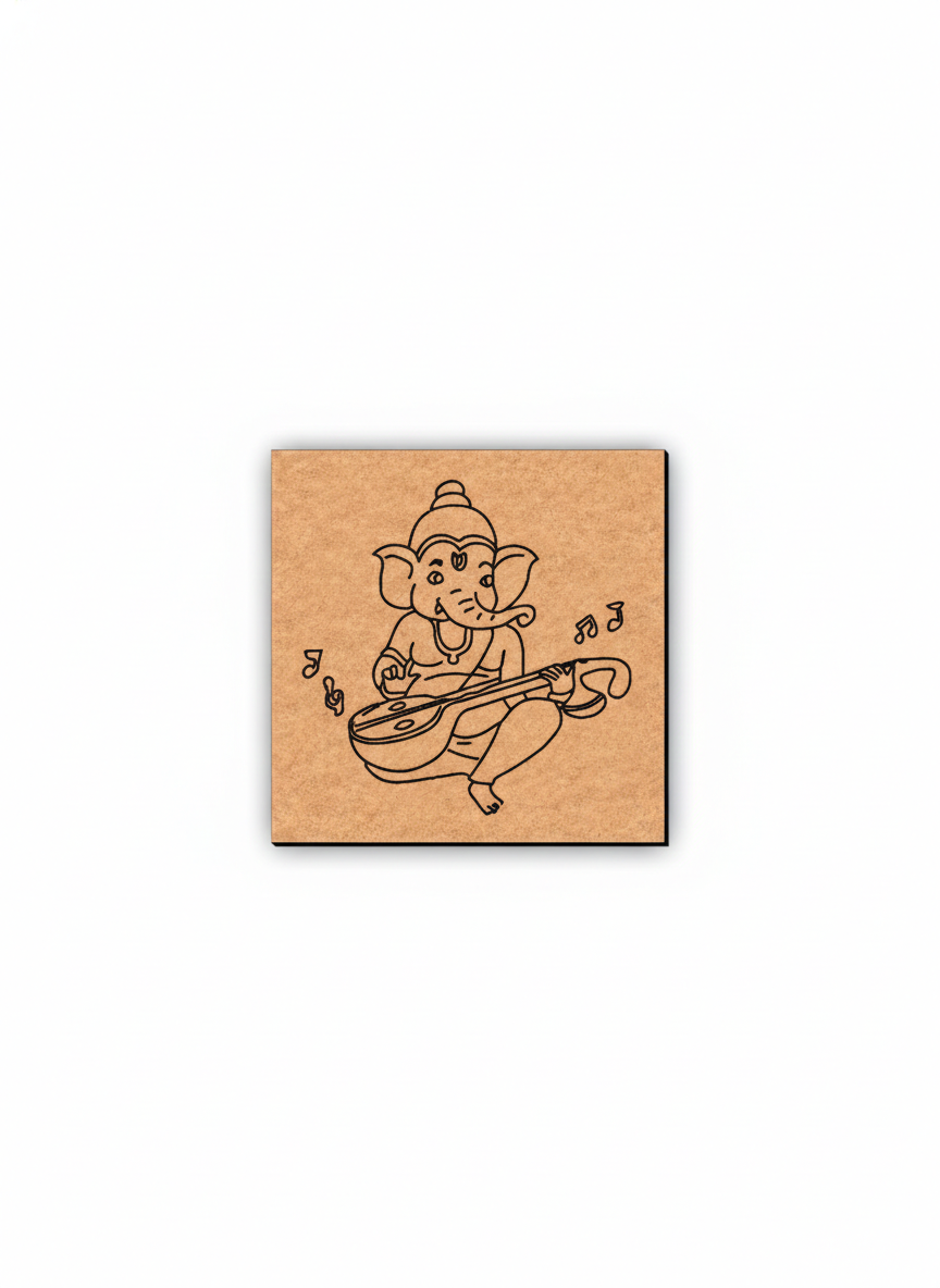 MDF DIY wall art with a black illustration of Ganesha playing a musical instrument on a white background.