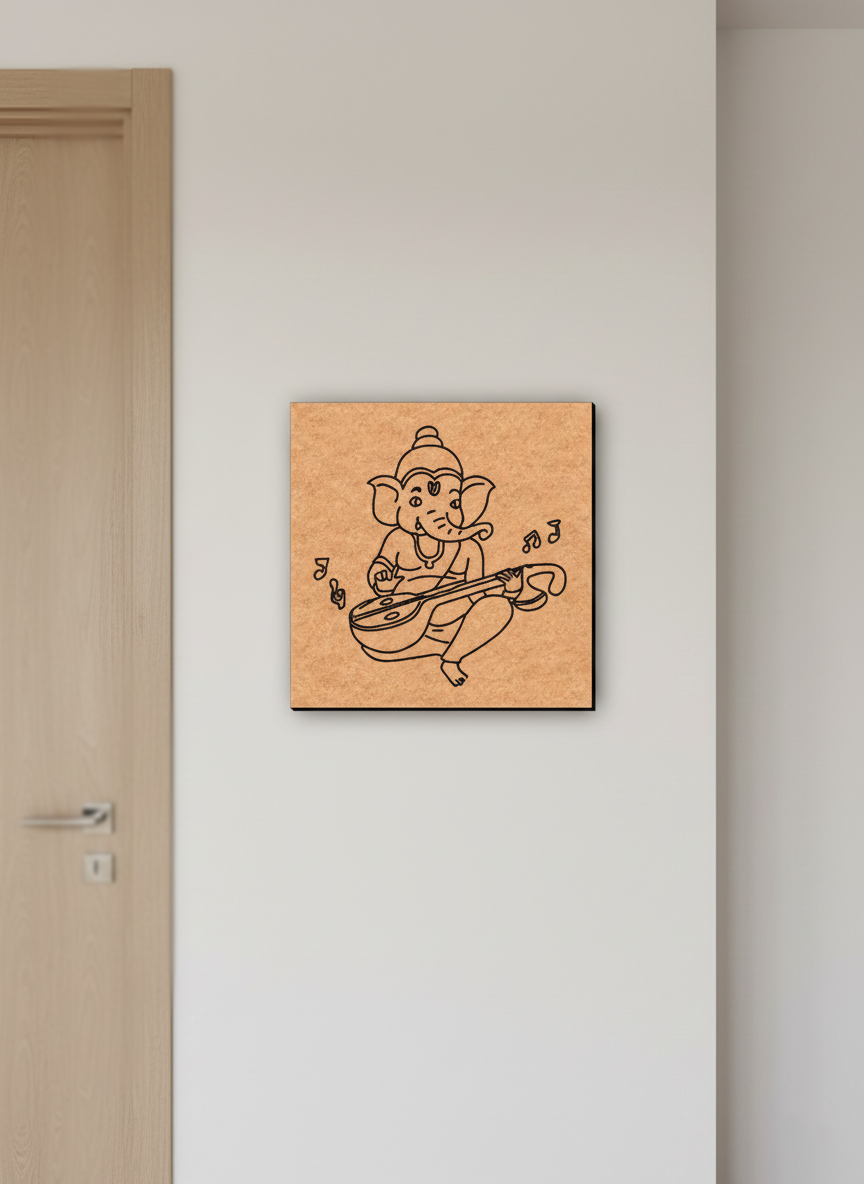 MDF DIY wall art of a musical Ganesha figure on a white wall.