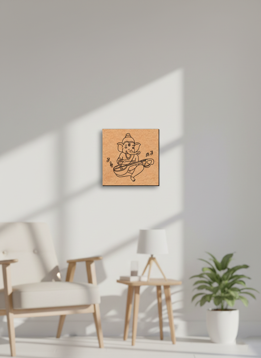 MDF DIY wall art of a deity figure on a white wall with a chair and plant in the foreground.