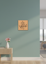 MDF DIY wall art of a deity playing a instrument on a green wall with a vase and flower in the foreground.