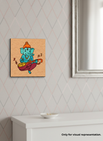 MDF DIY wall art of a blue deity playing a instrument on a light gray wall.