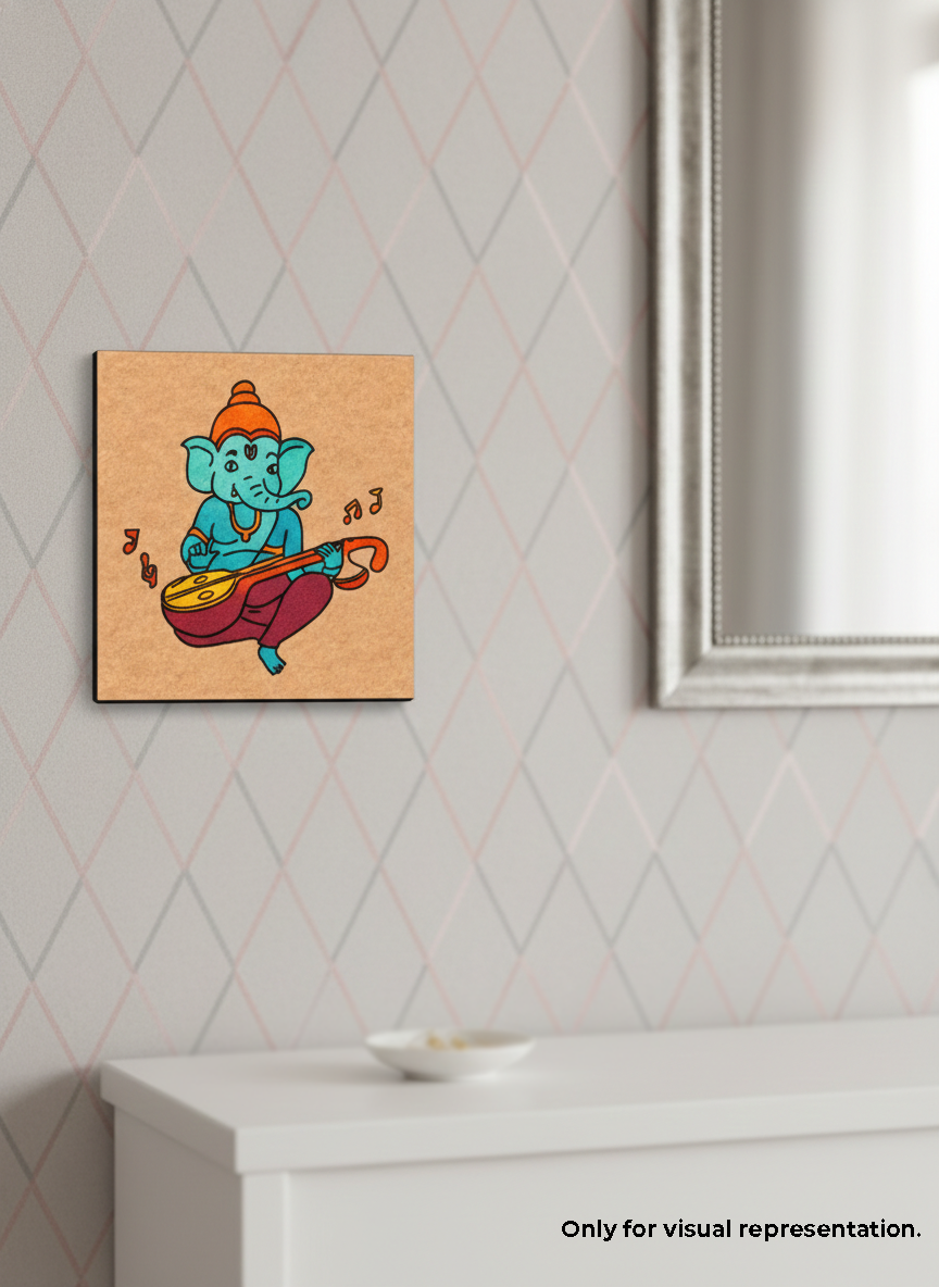 MDF DIY wall art of a blue deity playing a instrument on a light gray wall.