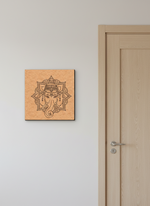 MDF DIY wall art with a design on a gray wall next to a wooden door.