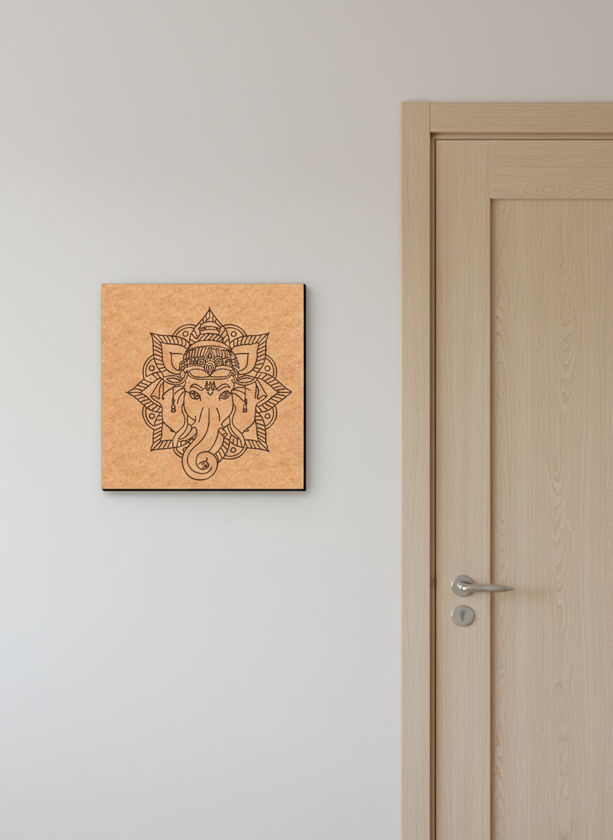 MDF DIY wall art with a design on a gray wall next to a wooden door.