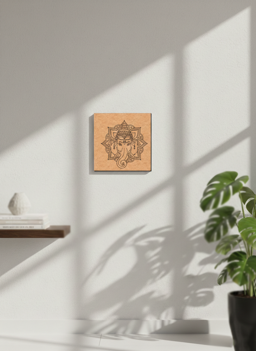 MDF DIY wall art with a design on a white wall with sunlight casting shadows.