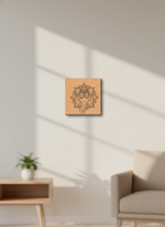 Decorative MDF DIY wall art with a mandala design on a wooden panel in a living room setting.