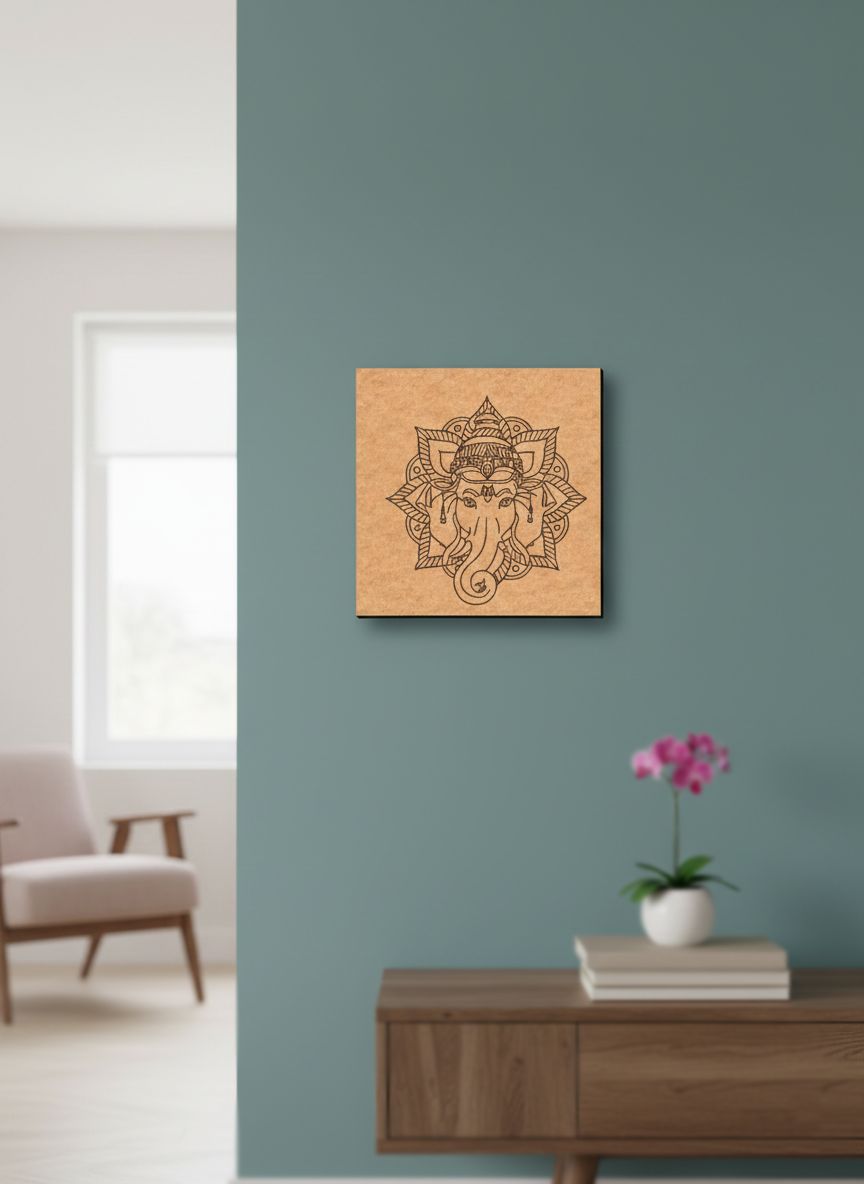 Wooden MDF DIY wall art of a deity figure on a teal wall with a wooden side table and pink orchid.