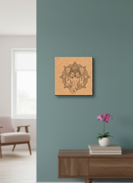 Wooden MDF DIY wall art of a deity figure on a teal wall with a wooden side table and pink orchid.