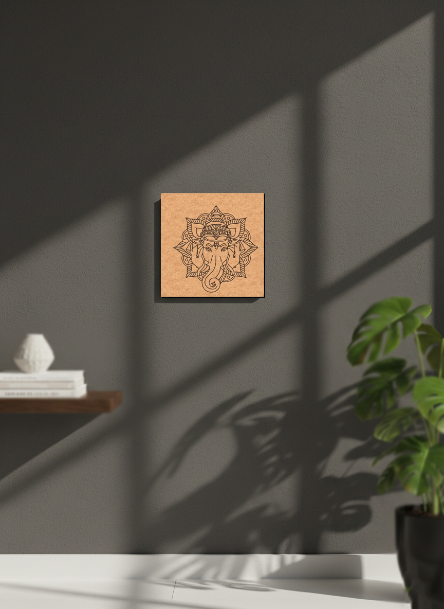 MDF DIY Framed artwork of a deity on a wall with a plant and books in the foreground