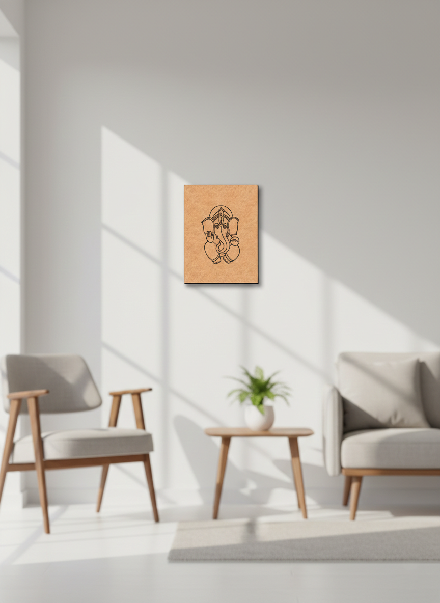 Modern living room with a minimalistic decor, featuring a MDF DIY  wall art piece of a deity figure.