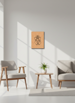Modern living room with a minimalistic decor, featuring a MDF DIY  wall art piece of a deity figure.