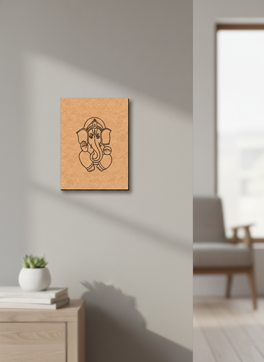 MDF DIY  wall art with a black line drawing of a deity on a light gray wall.