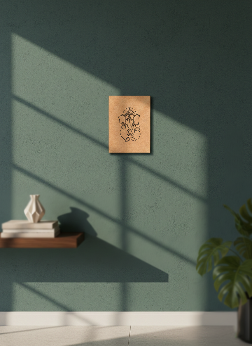 MDF DIY wall art with a design on a green wall with a shelf and plant