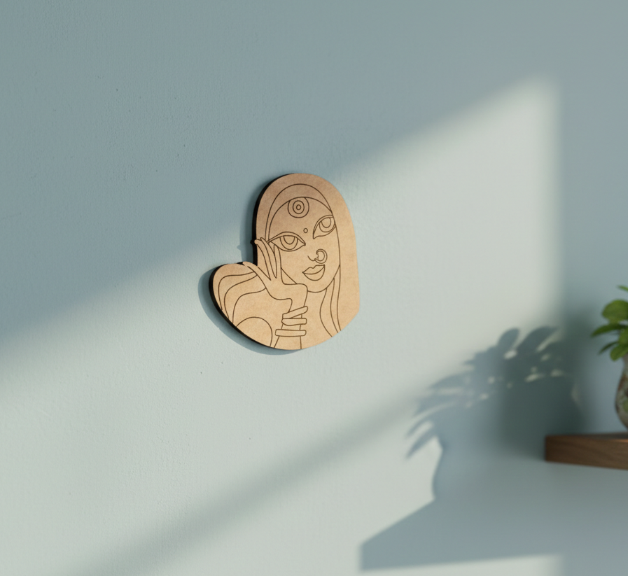 MDF DIY  wall art of a stylized face on a light blue wall with a plant in the corner.