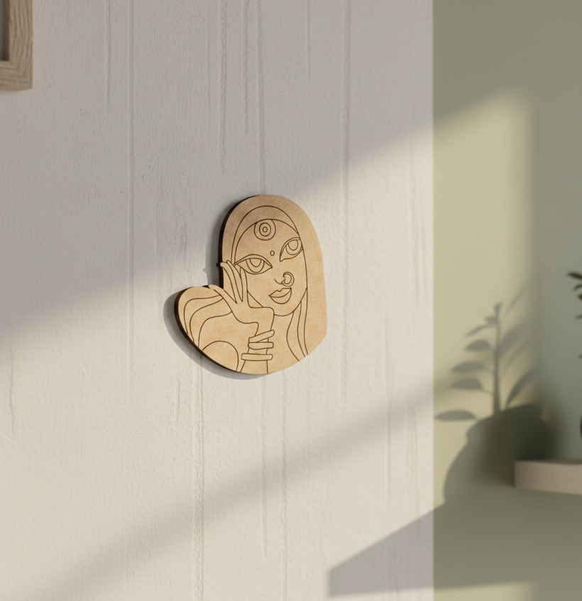 MDF DIY  wall art of a stylized face on a light wooden panel
