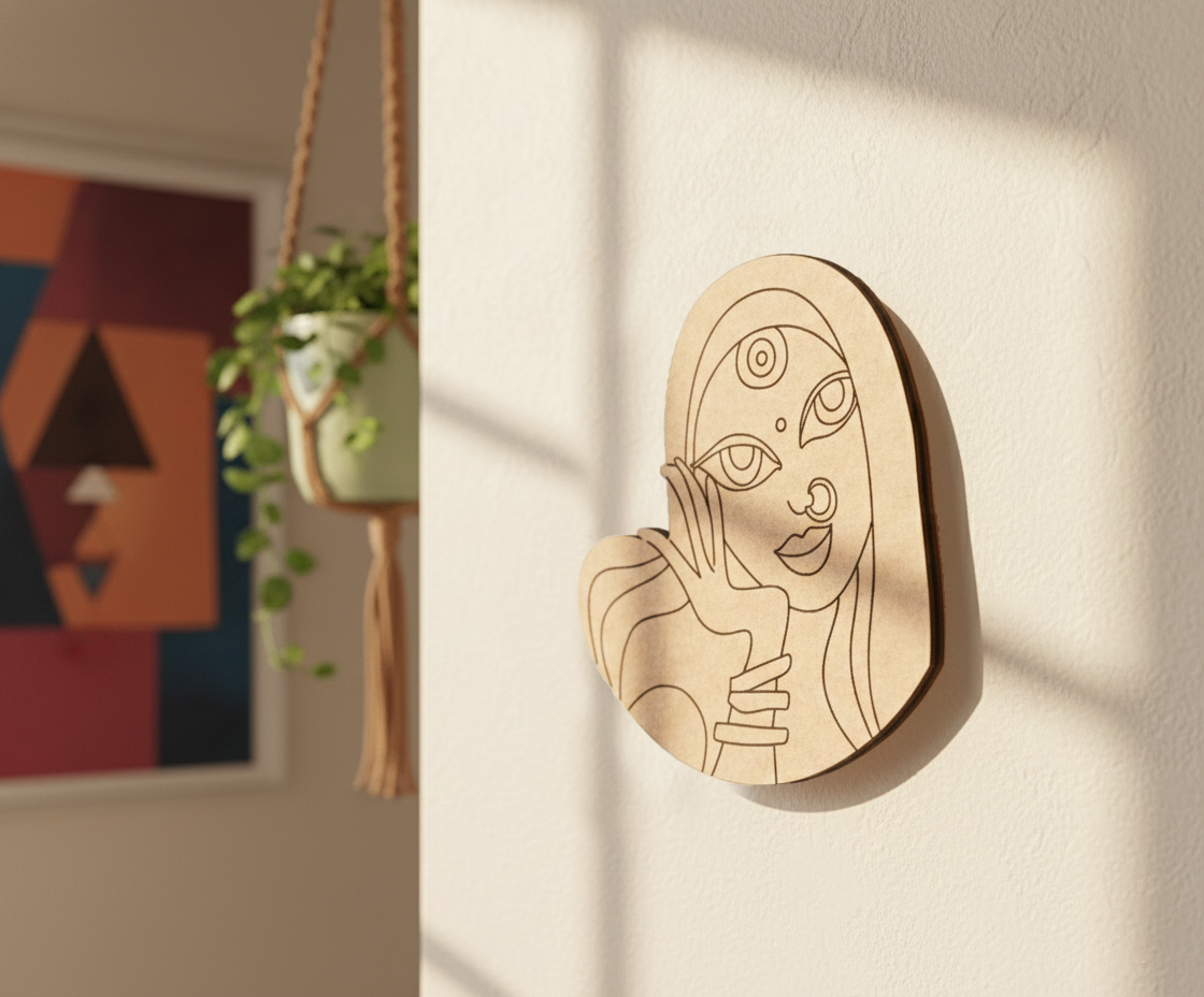 MDF DIY  wall art of a stylized face on a light-colored wall with a plant and abstract painting in the background.