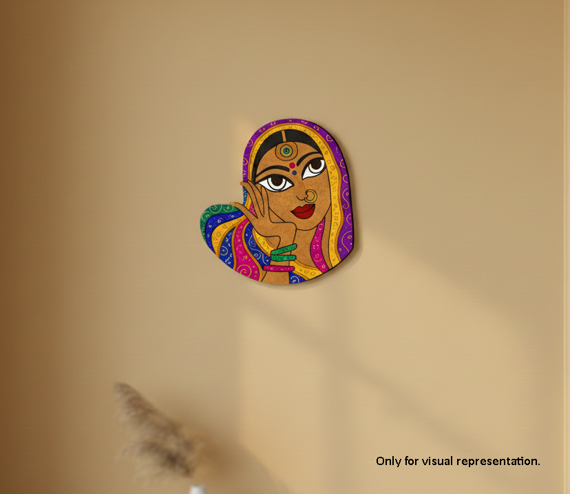 Decorative MDF DIY wall art of a colorful face on a beige background