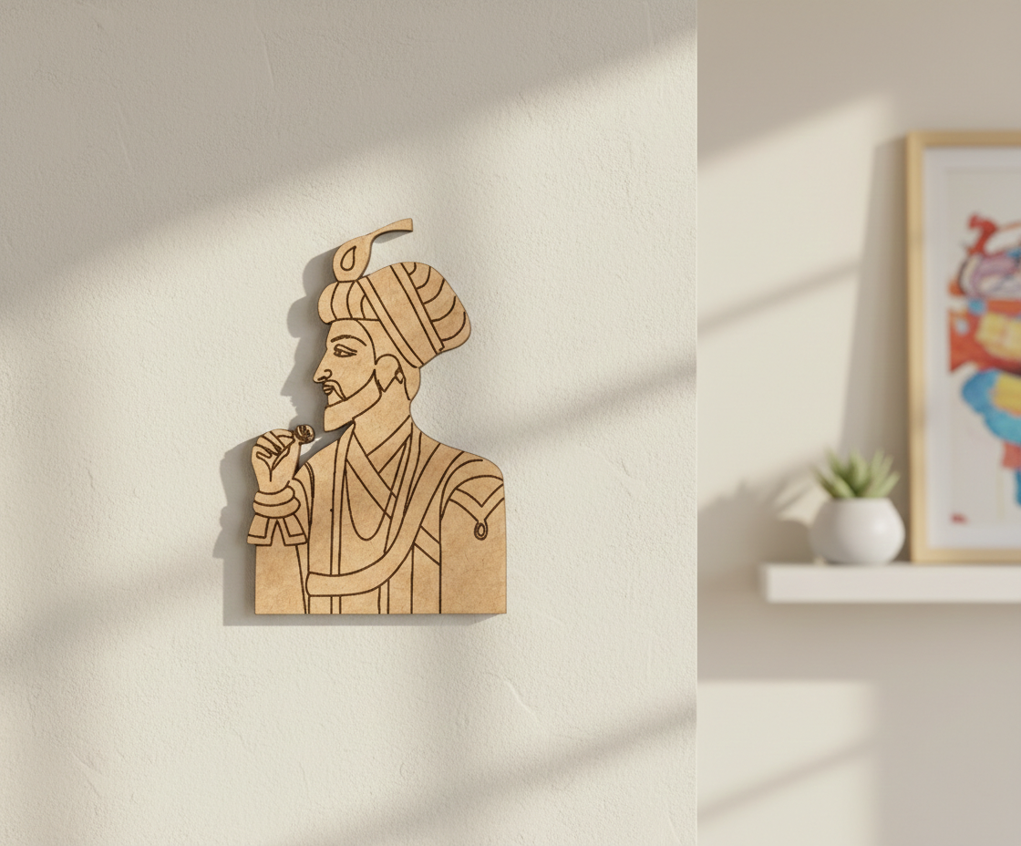 DIY MDF  wall art of a man with a turban on a light beige wall.