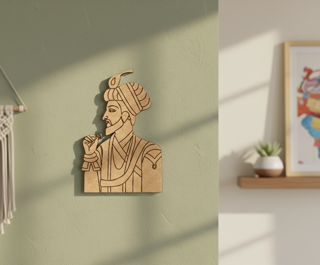 DIY MDF  wall art of a historical figure on a green wall with a colorful painting in the background.