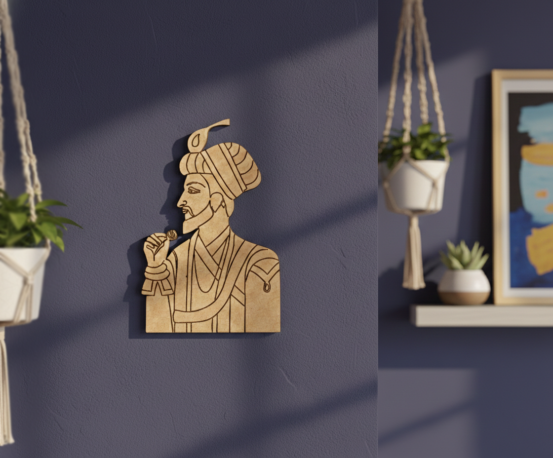 DIY MDF  wall art of a man with a turban on a dark blue wall.