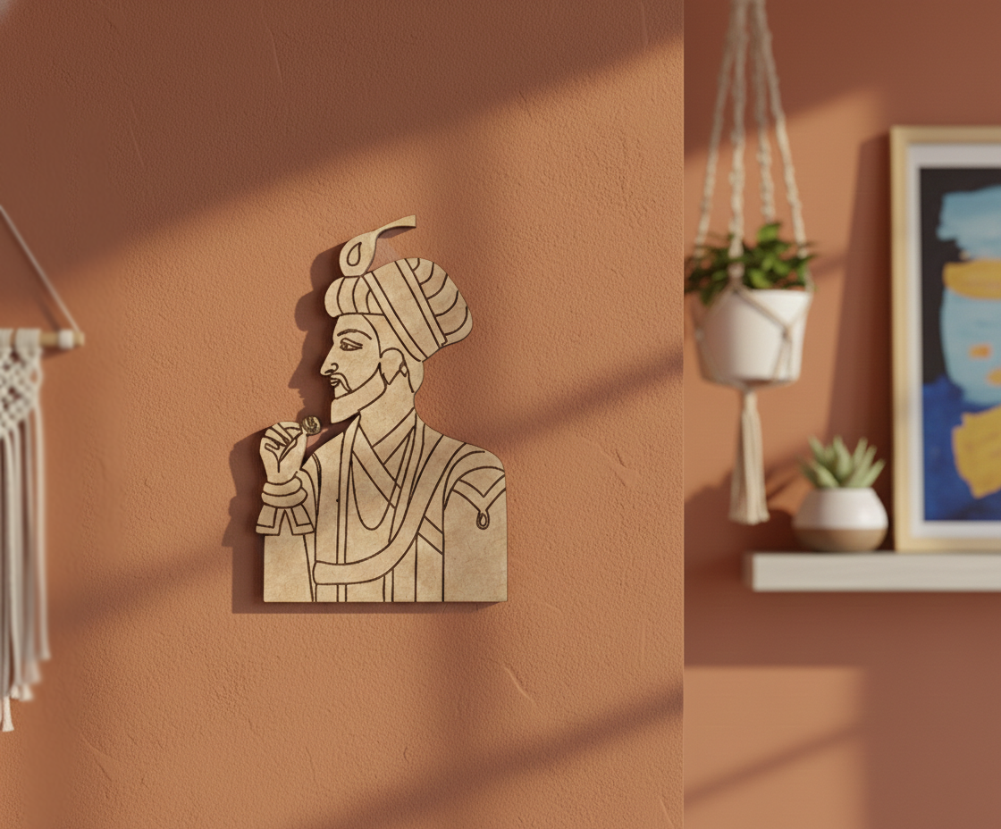 DIY MDF  wall art of a historical figure on a warm-toned wall with decorative elements.