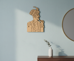 DIY MDF  wall art of a historical figure on a light blue wall with a vase and plant in the foreground.