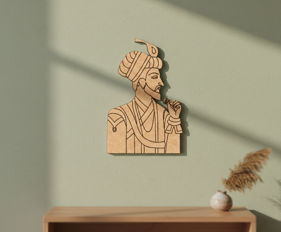 DIY MDF  wall art of a historical figure on a light green wall with a vase and plant.