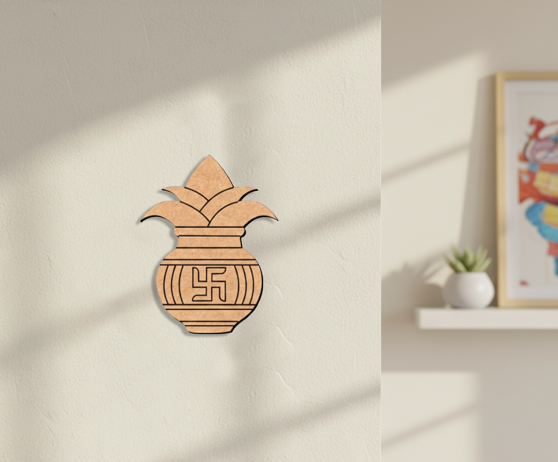 MDF DIY kalash wall decor with a swastika symbol on a neutral wall.