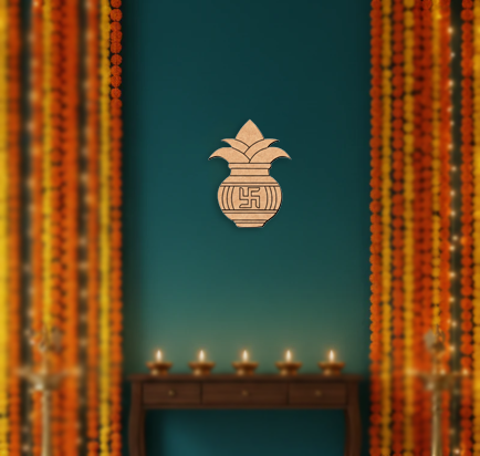 Decorative MDF DIY wall cutout of a kalash design on a teal wall with orange curtains.