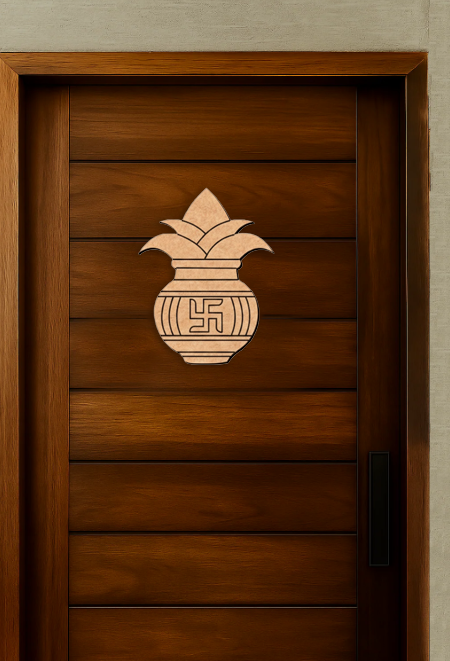 MDF DIY wall art  door with a decorative emblem featuring a vase and swastika.