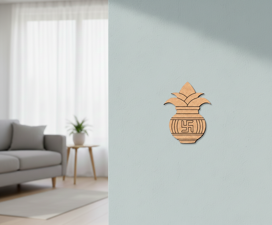 MDF DIY  kalash wall decor on a light blue wall with a living room in the background