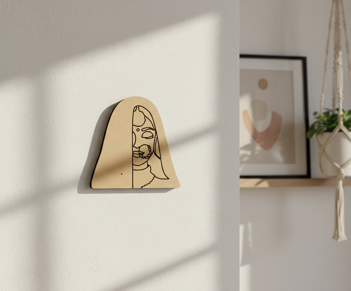 MDF DIY  wall art with a minimalist face design on a light wall.