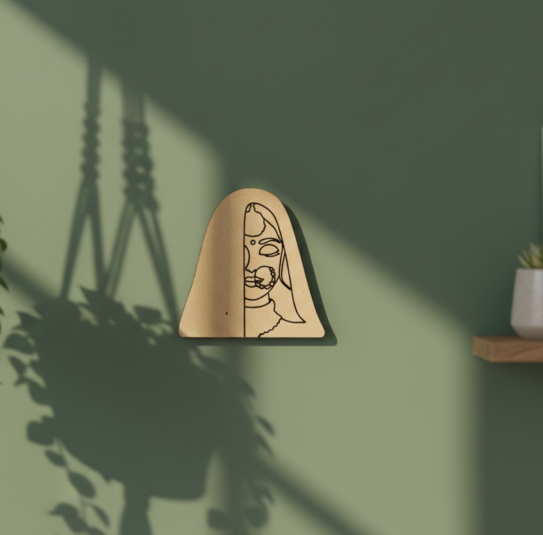 MDF DIY  wall decoration with a face design on a green wall