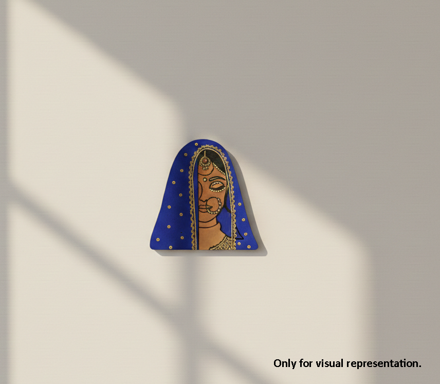 Decorative MDF DIY wall art with a blue background and gold accents on a white wall.