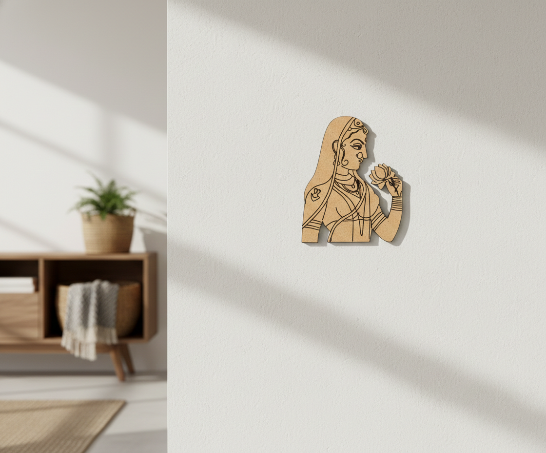 MDF DIY wall art of a woman holding a rose on a white wall.