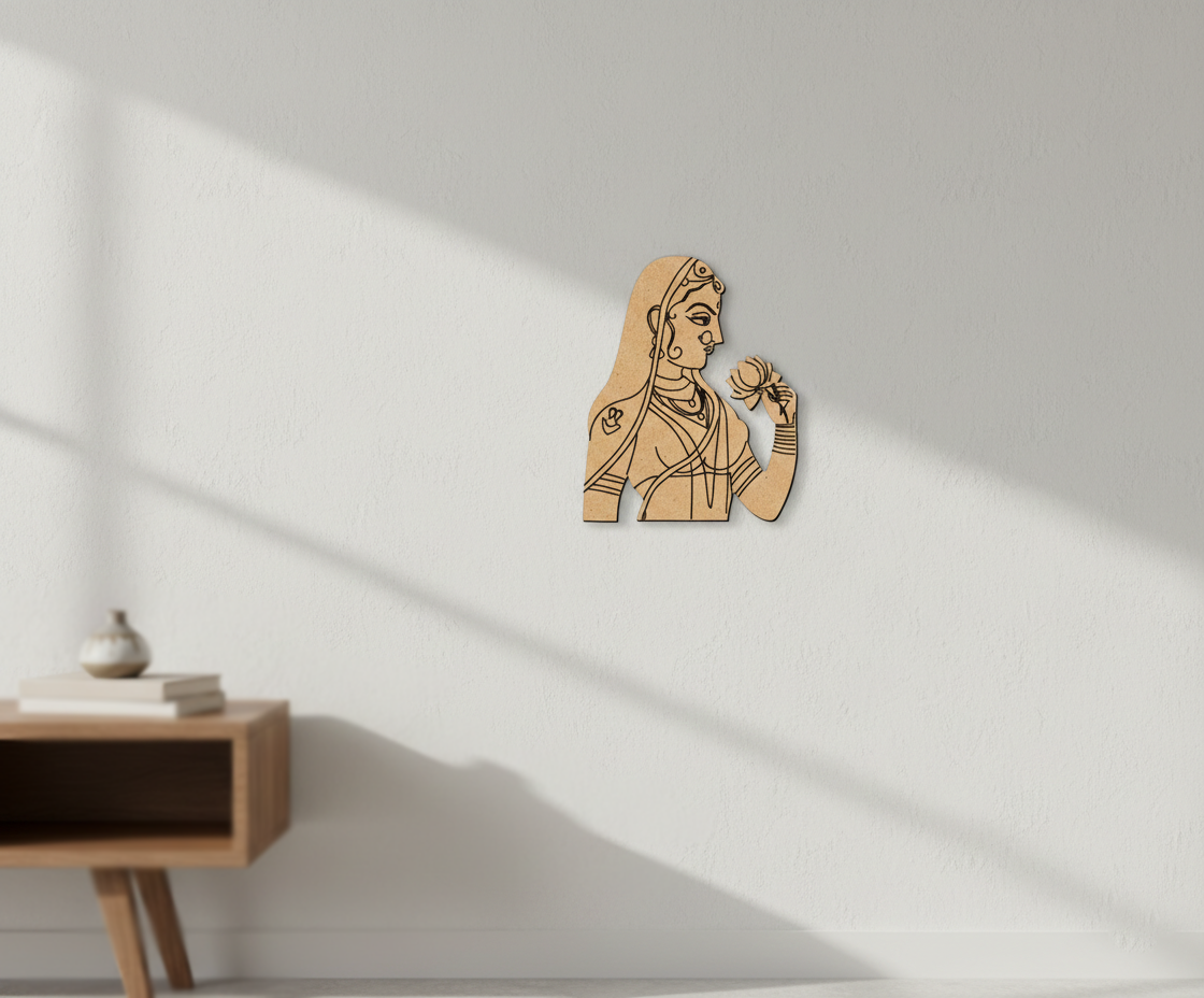MDF DIY wall art of a woman holding a flower on a white wall with a wooden table in the corner.
